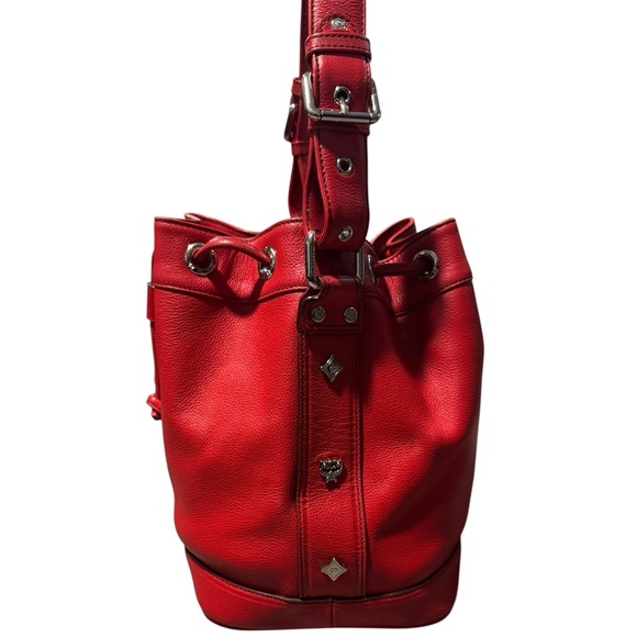 MCM Red Bucket Drawstring Bag with Adjustable Strap EUC - Picture 4 of 14